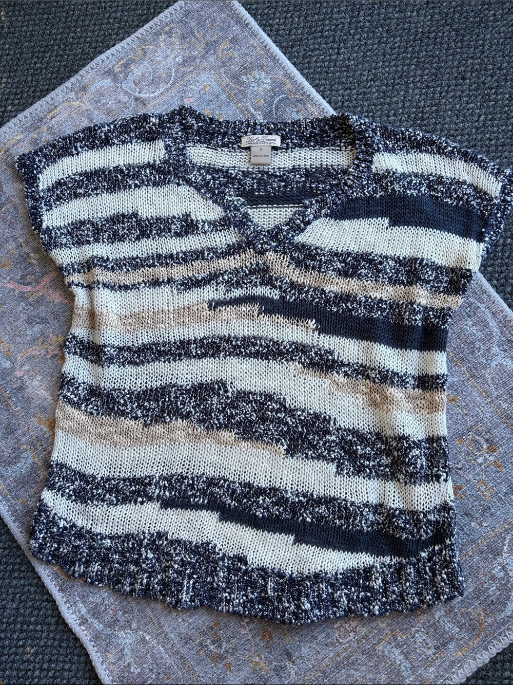 Lucky Brand Navy, Cream & Tan Striped V-Neck Sweater